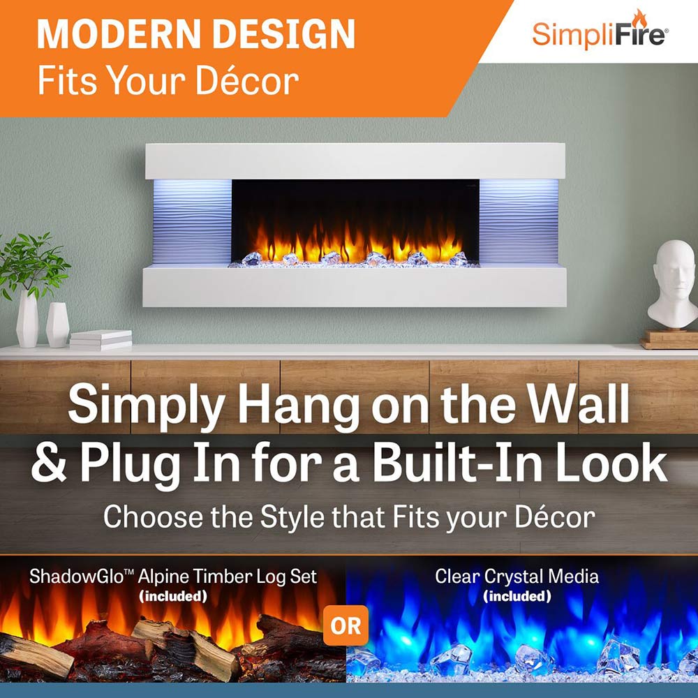 Wall-mount electric fireplace with orange flame effect, white mantel surround, and blue side panels.
