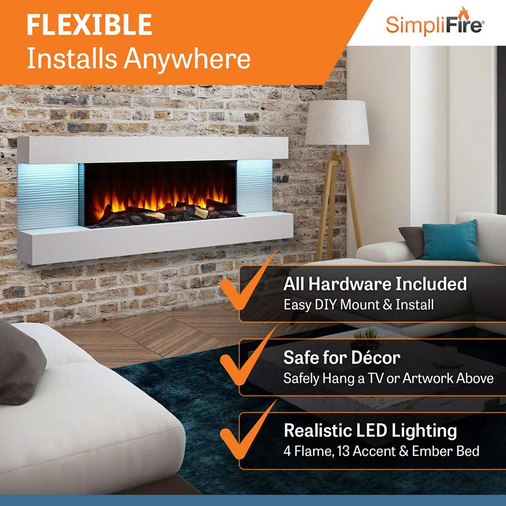 Wall-mount electric fireplace with ember and log bed flames, white mantel, and blue side inserts.