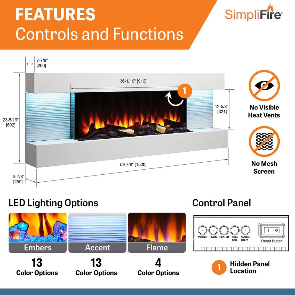 Wall-mount electric fireplace features diagram showing controls and hidden panel area.