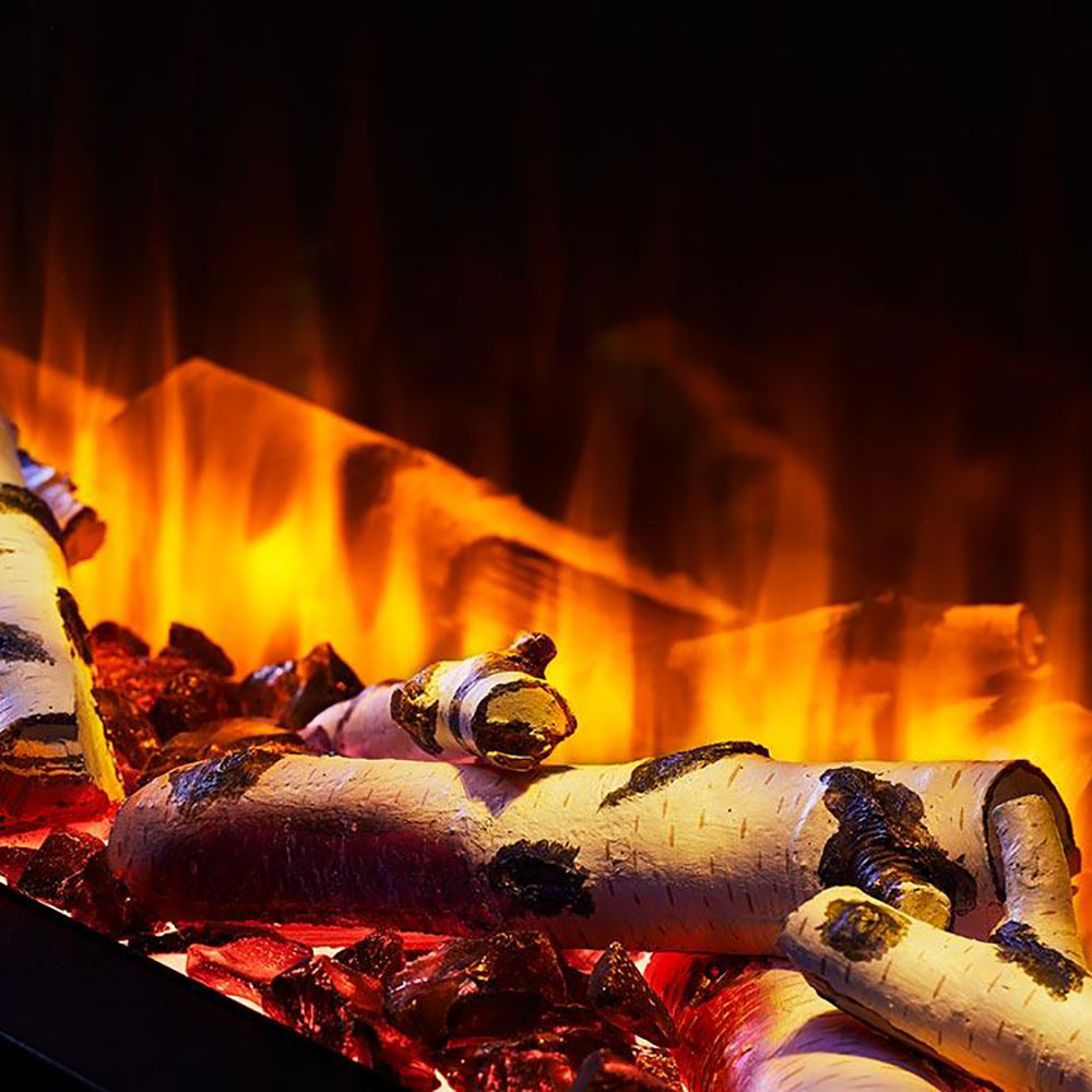 Natural birch log set with charred ends and vivid orange flame glow