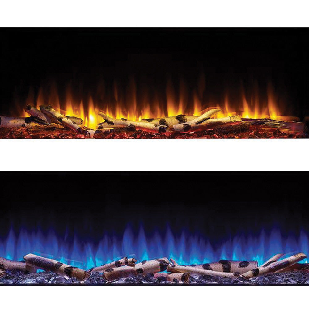Birch log set with glowing blue and orange flame accents