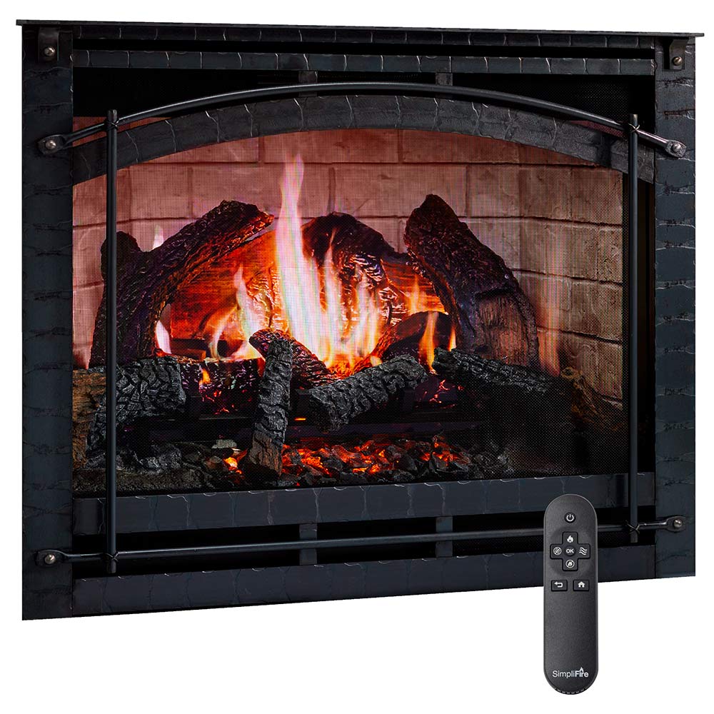 Built-in electric fireplace with black frame, viewing window, glowing flame and logs