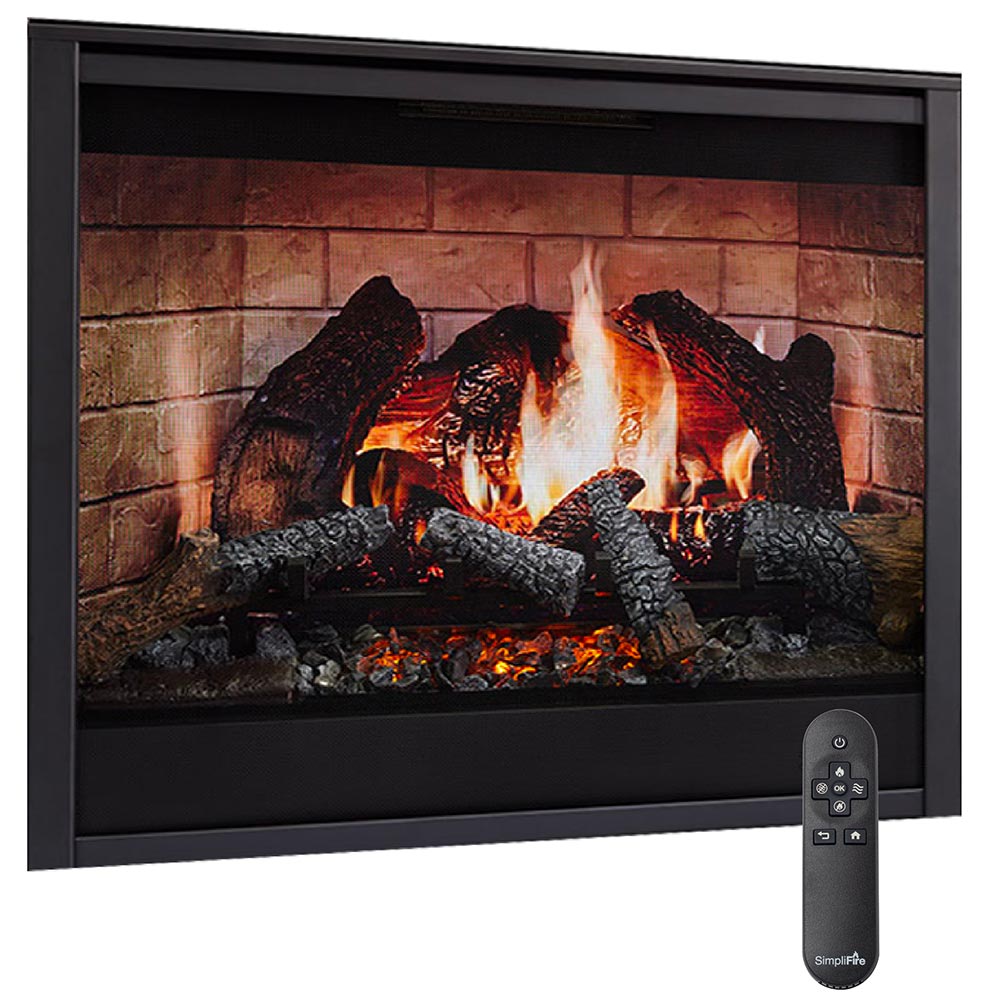 Built-in electric fireplace insert with faux logs, flames, and remote control