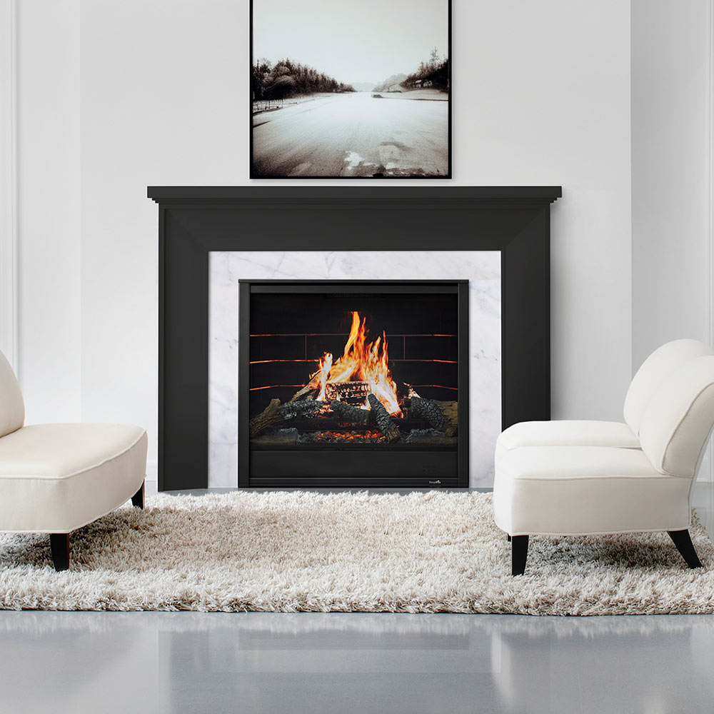 Built-in electric fireplace with black trim and faux flame display in a mantel