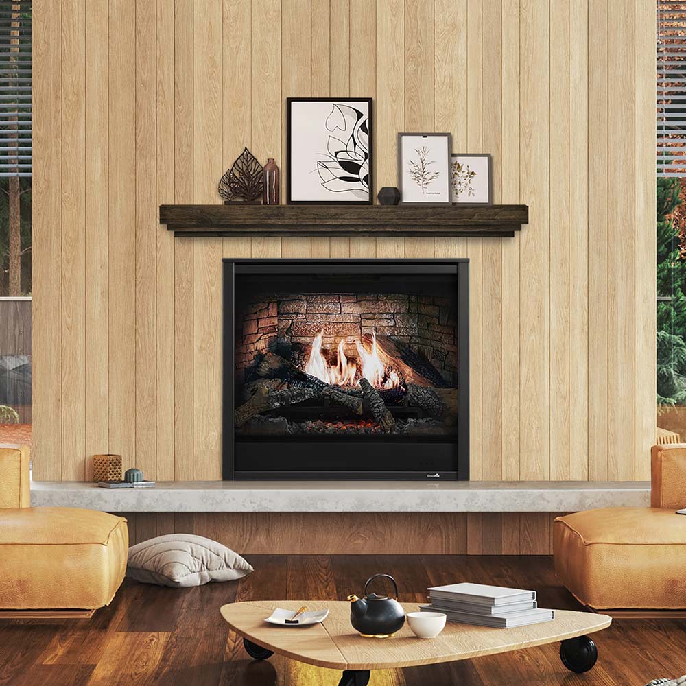 Built-in electric fireplace with dark frame and faux flame scene in a wood wall