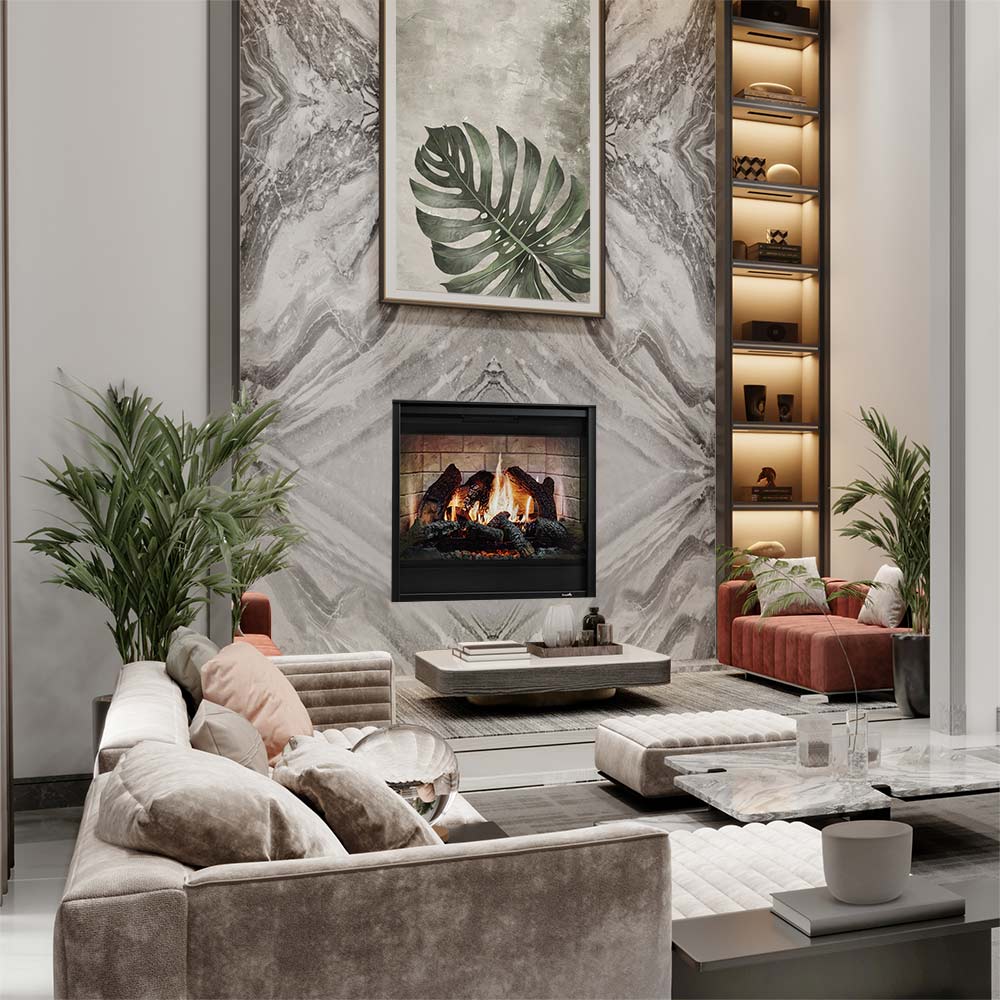 Built-in electric fireplace with dark frame and faux flame set in a stone wall