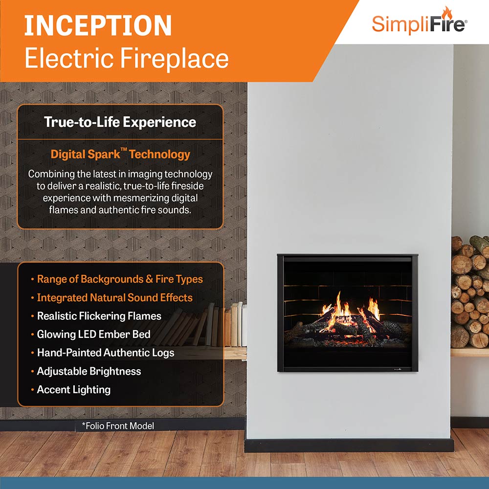 Electric fireplace promotional graphic with inset flame window and black surround