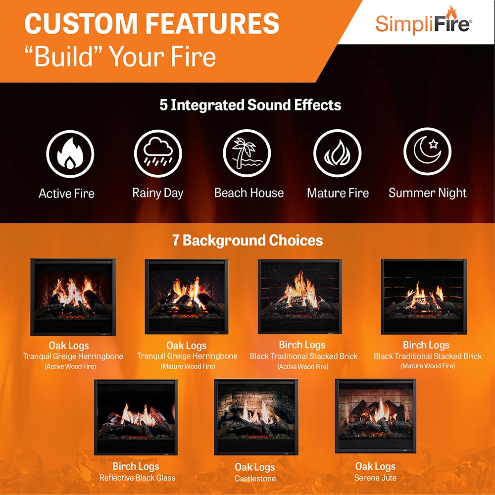 Electric fireplace features graphic showing sound effects icons and background options