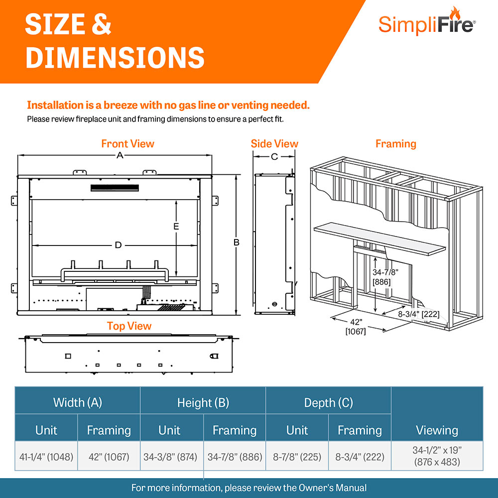 Electric fireplace dimensions diagram with front view, side view, and framing