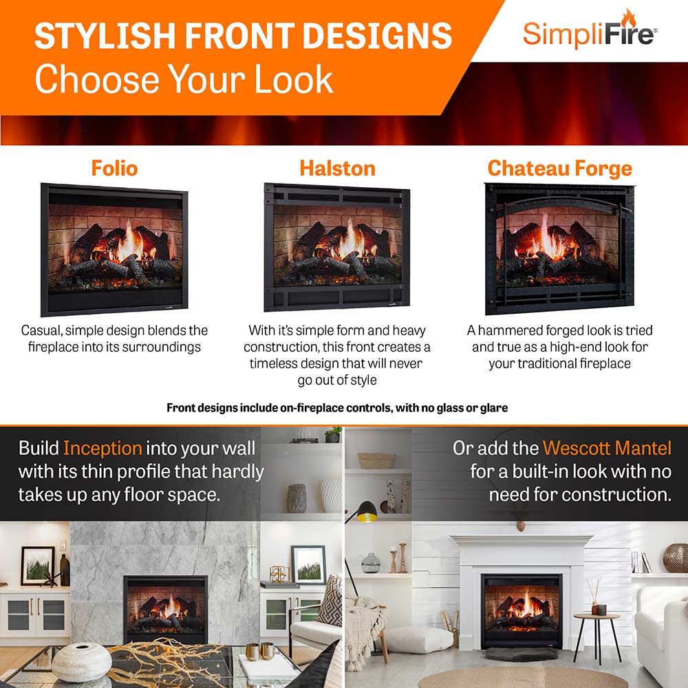 Electric fireplace front design styles showing three trim finishes