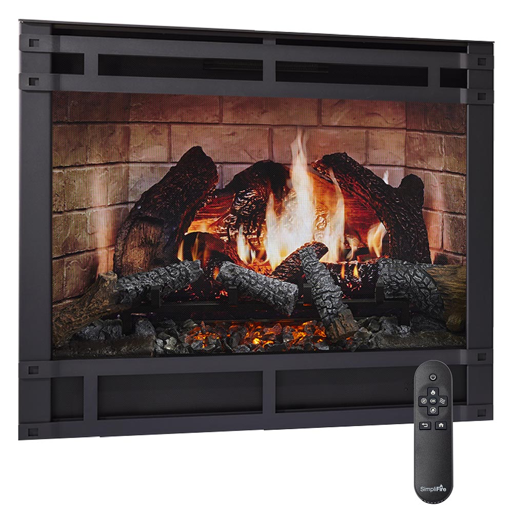 Built-in electric fireplace insert with faux logs, flames, and SimpliFire remote