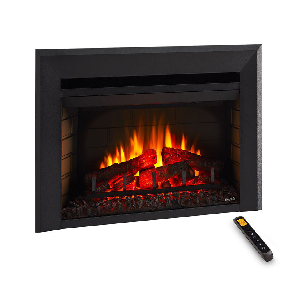 Black electric fireplace insert with stone-look logs, glowing red embers, and matching remote
