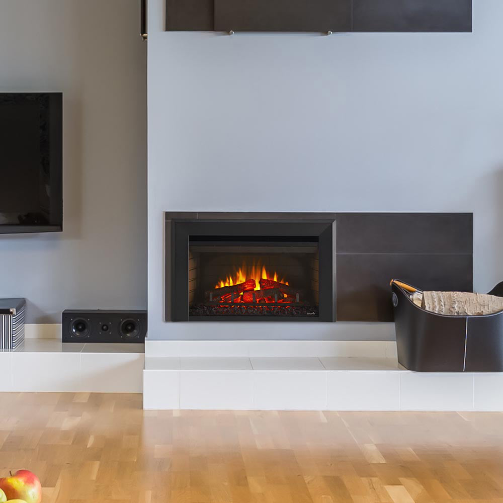 Electric fireplace insert in a wall niche, showing orange flames and a black surround