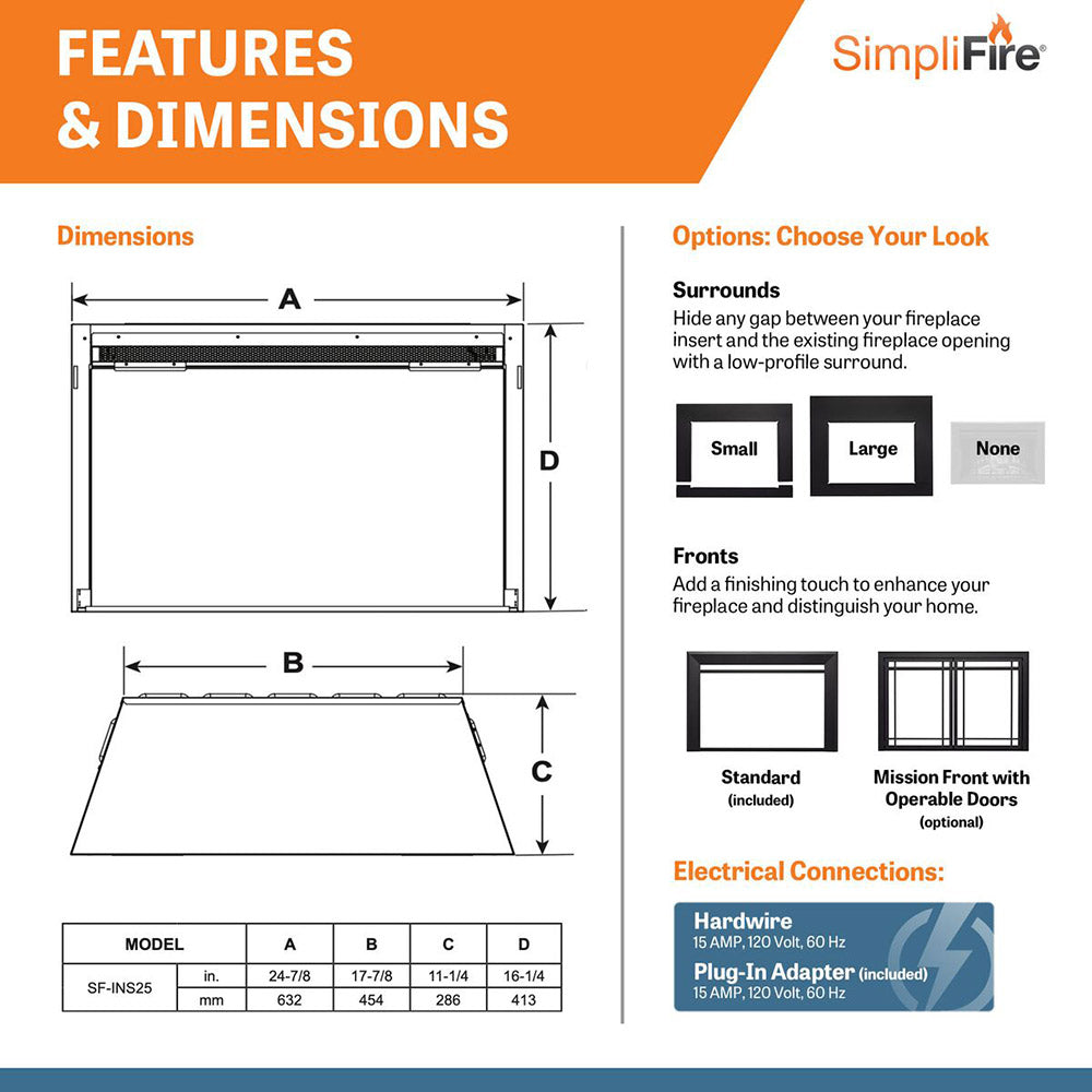 Electric fireplace insert features and dimensions diagram with surround layout options