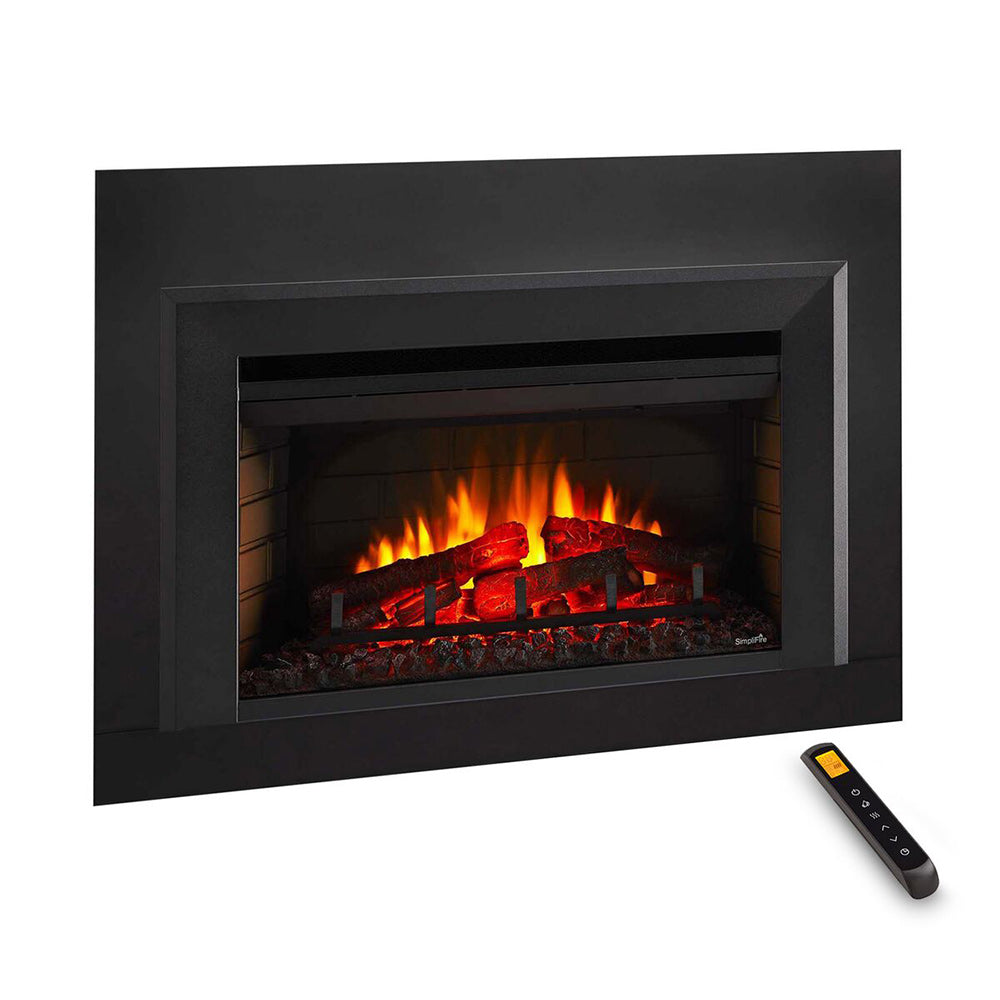 Black 25-inch electric fireplace insert with flames, red embers, and a remote control
