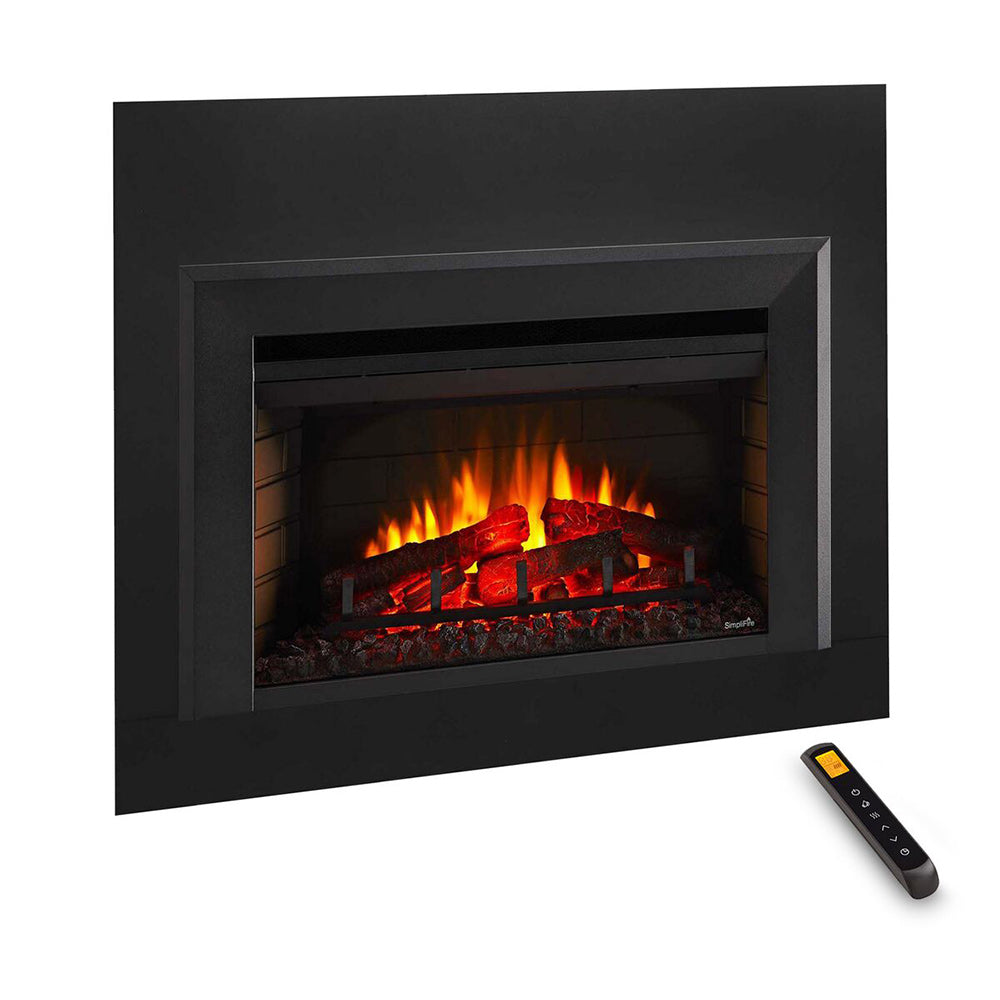Black electric fireplace insert with orange flames, red embers, and a handheld remote