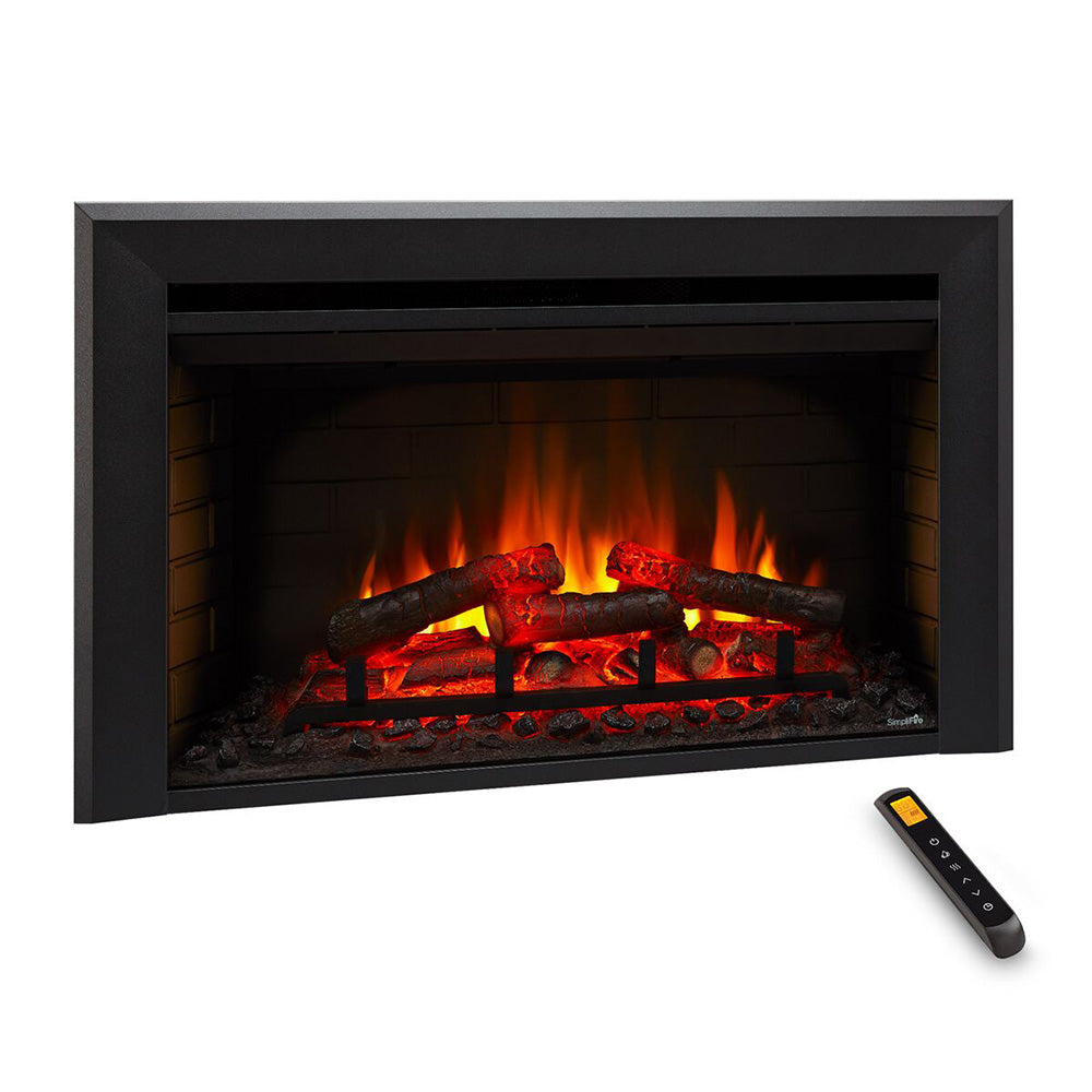 Built-in electric fireplace with glowing flame display and black surround; includes remote.