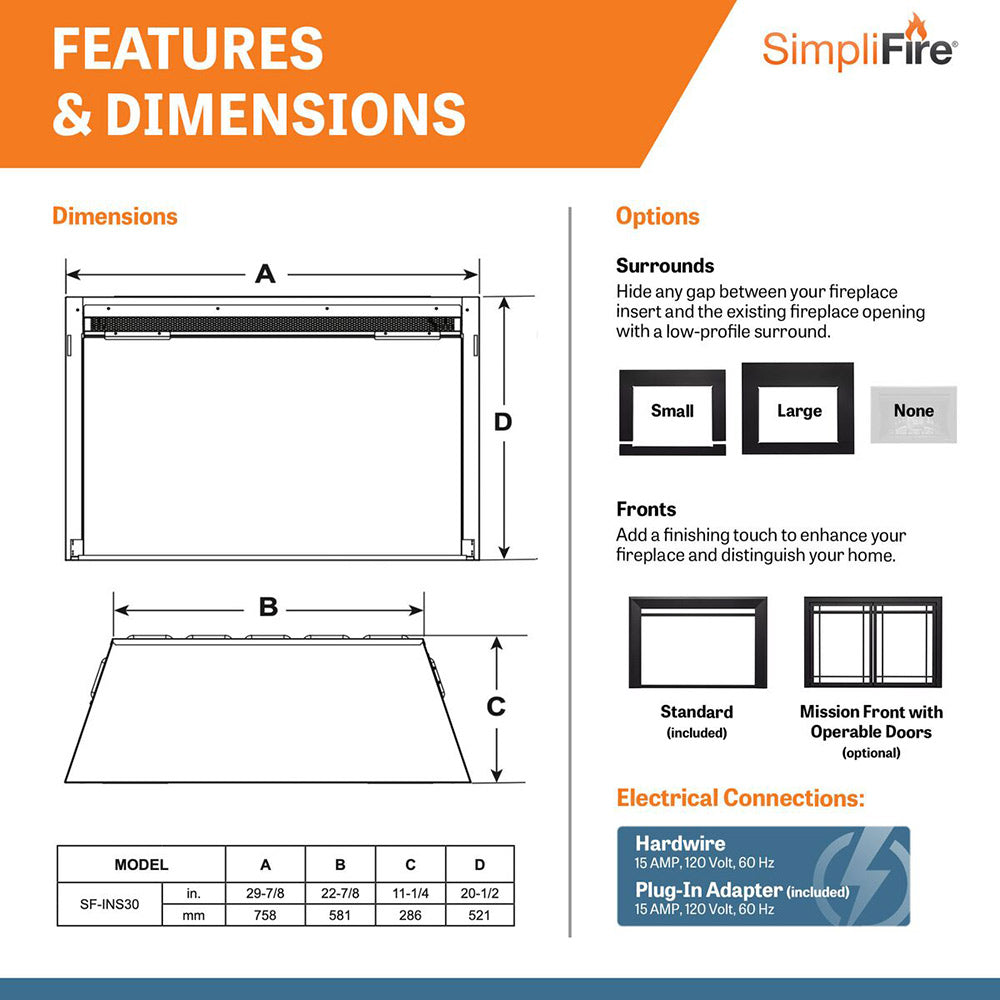 Electric fireplace insert dimensions and surround option diagrams on a feature panel.