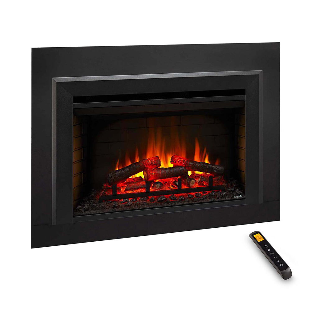 Black electric fireplace insert with ember bed flame, shown with remote control