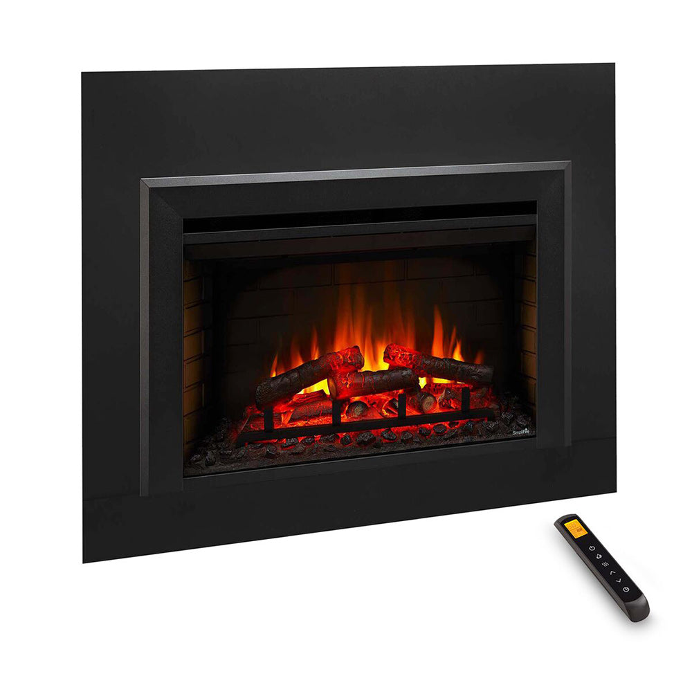 Black electric fireplace insert with centered flame display and remote control