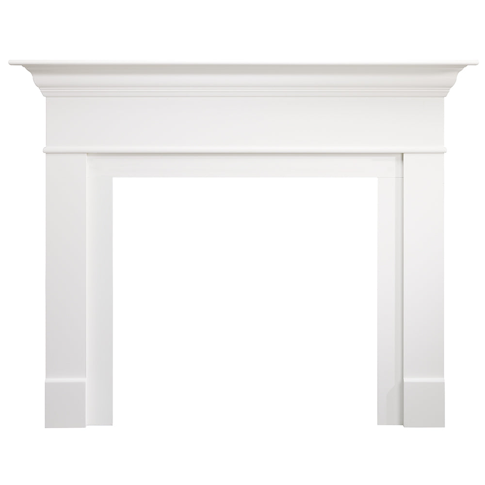 White fireplace mantel kit with open center and top molding