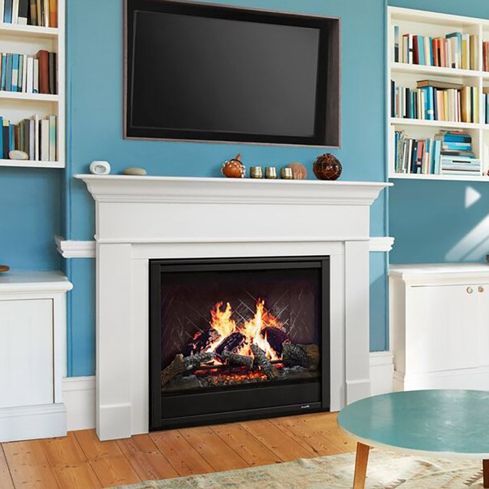 White fireplace mantel kit with electric insert and visible flame effects