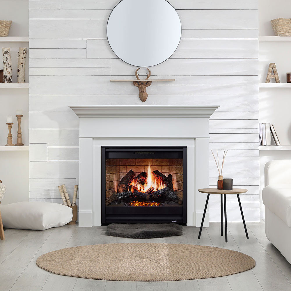 White fireplace mantel kit with built-in firebox and black viewing window