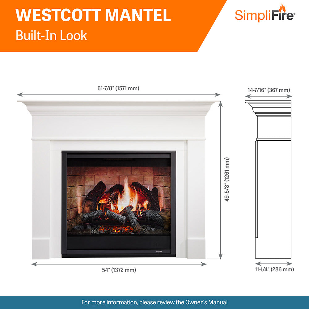 White mantel package kit diagram showing dimensions and built-in look