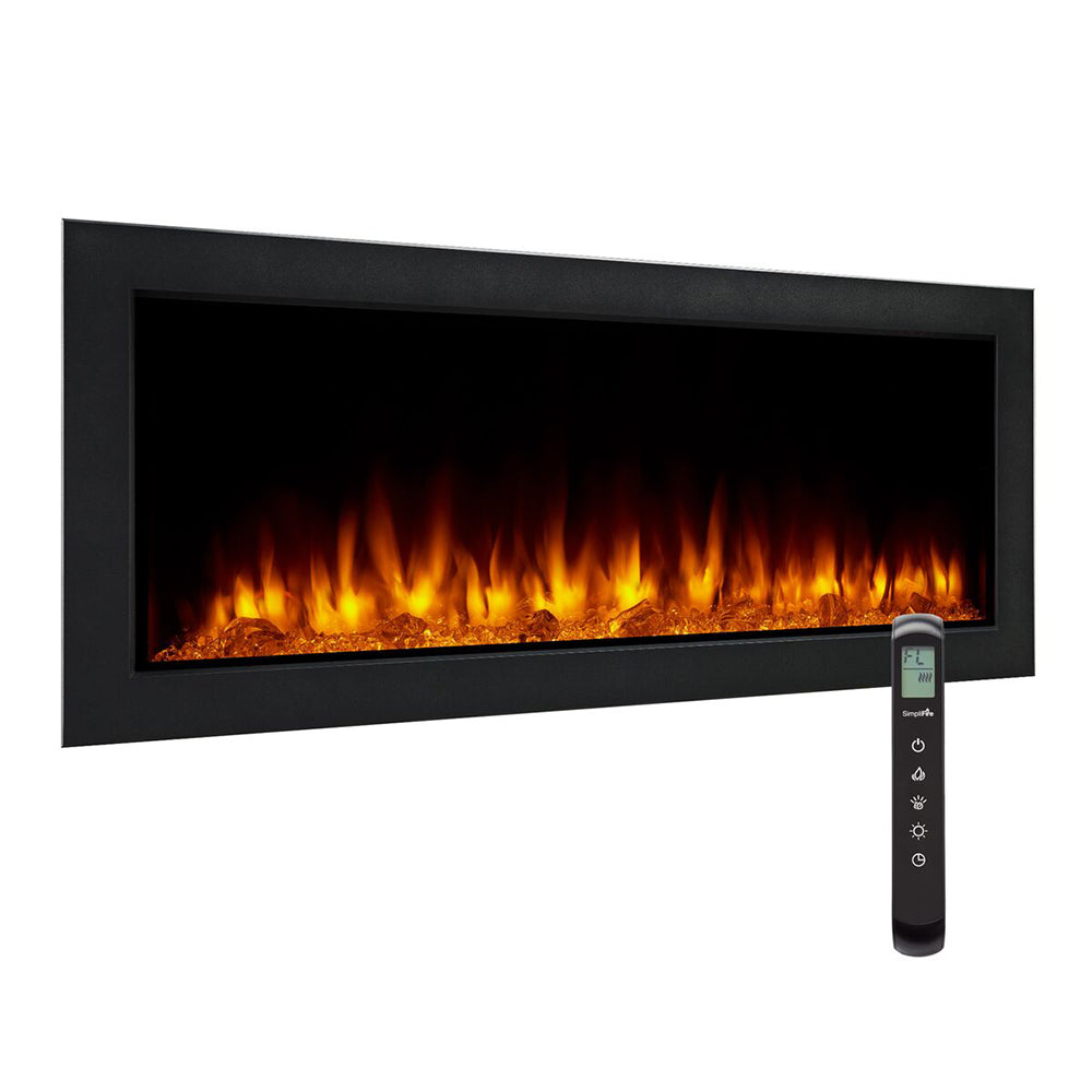 Outdoor electric fireplace with dark frame, glowing flame bed, and handheld remote