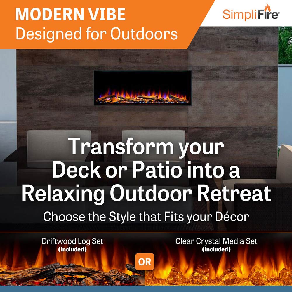 Outdoor electric fireplace with black frame and realistic glowing flame display