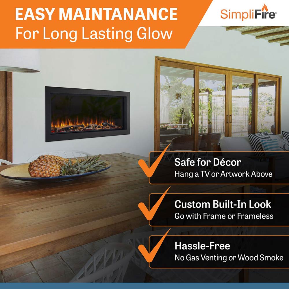 Outdoor electric fireplace inset in a wall opening with dark frame and flames