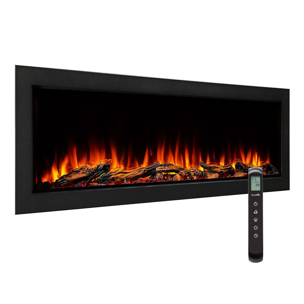 Outdoor electric fireplace in black frame with flame effect logs and remote control