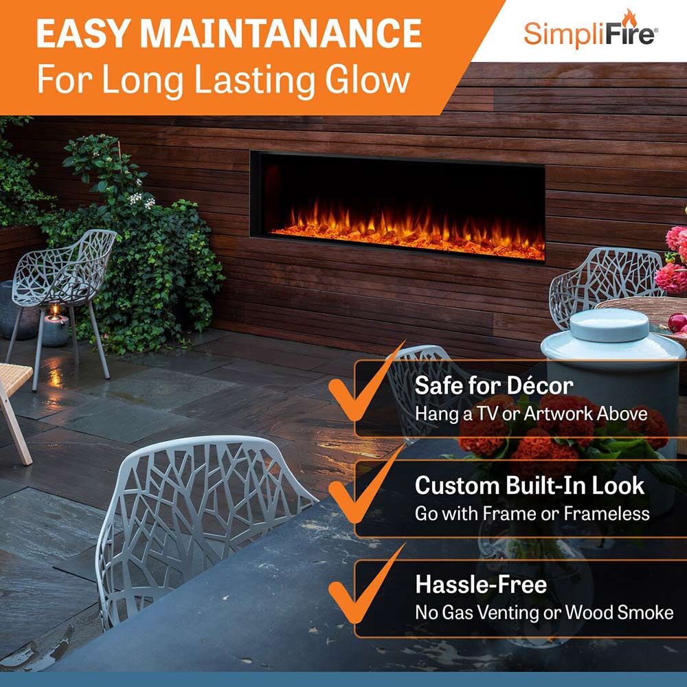 Outdoor electric fireplace with black frame and glowing flame and ember display