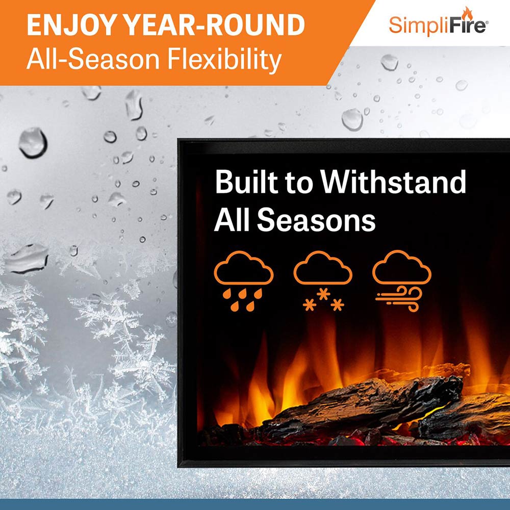 Outdoor electric fireplace with flame effect logs in dark firebox frame