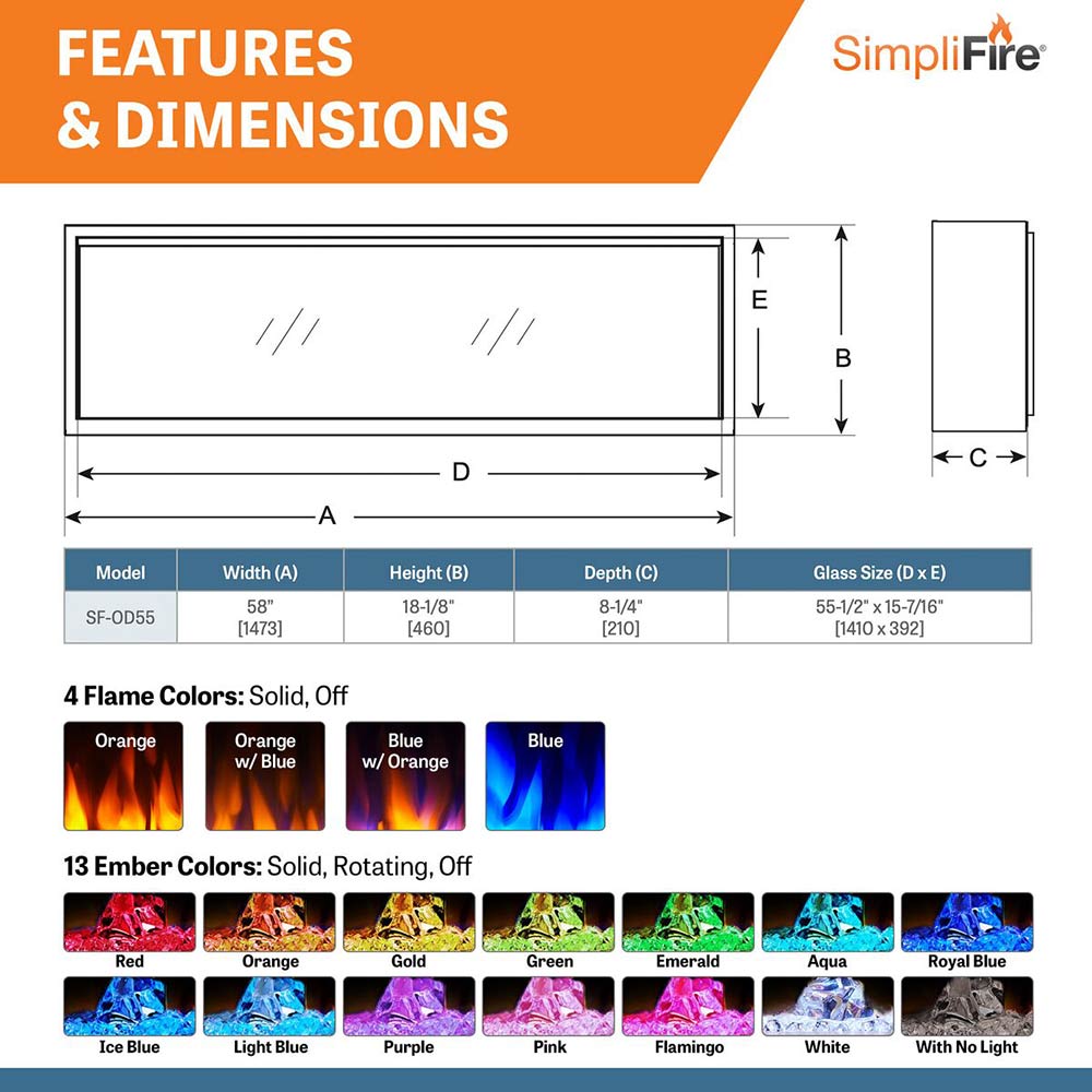 Electric fireplace dimensions and color options diagram with front and side views