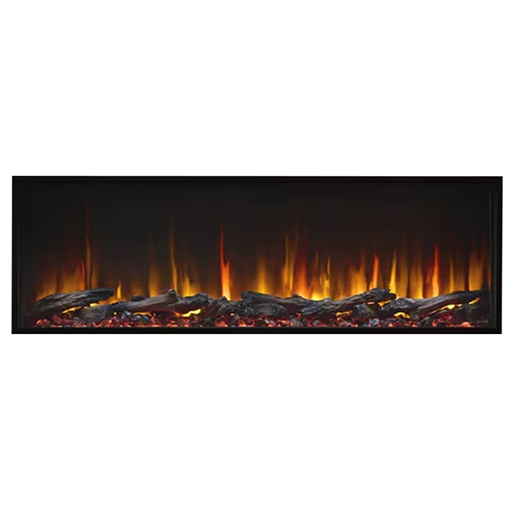 Built-in linear electric fireplace with dark frame and glowing flame effect over log bed