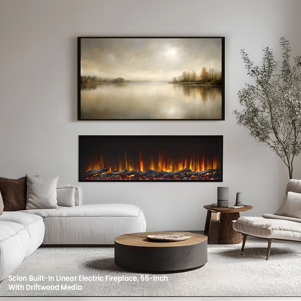 Built-in linear electric fireplace with black surround and flame glow over ember bed