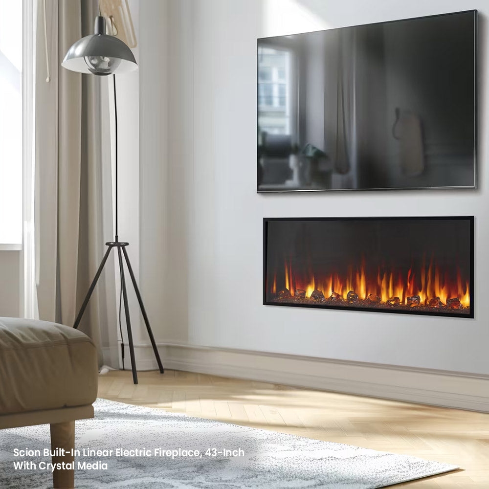 Built-in linear electric fireplace with black trim and bright orange flame display