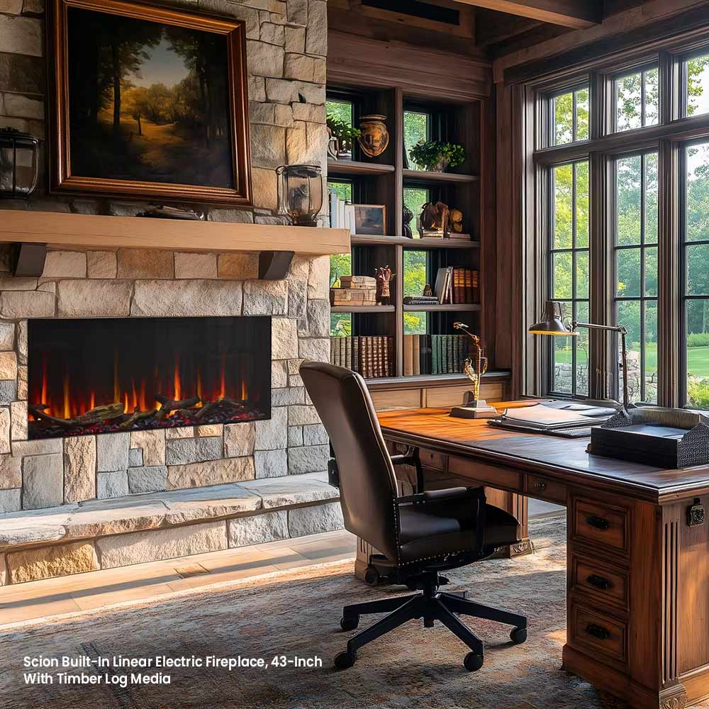 Built-in linear electric fireplace insert in stone wall with orange flame and log bed