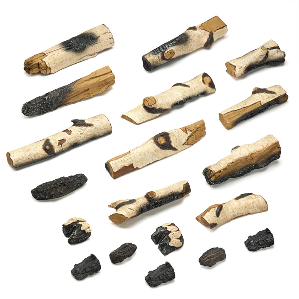Birch log set with multiple faux log pieces, light wood and dark char textures