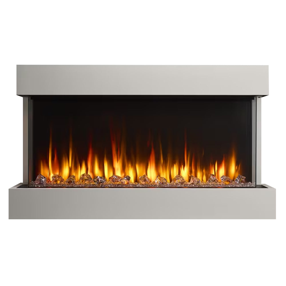 Electric fireplace with floating mantel kit, black firebox and glowing flame.