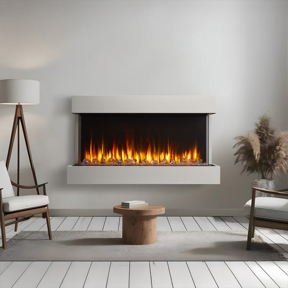 Linear electric fireplace with floating mantel, warm orange flame effect.