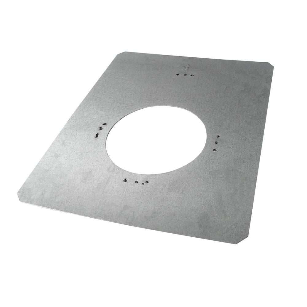 Square gray firestop plate with central round opening and small fastening holes