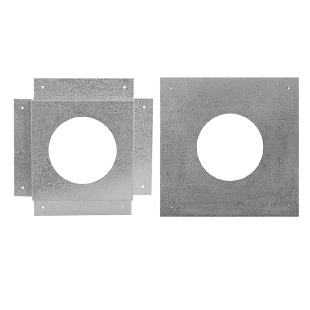 Gray metal firestop spacer plate with central round opening and screw holes