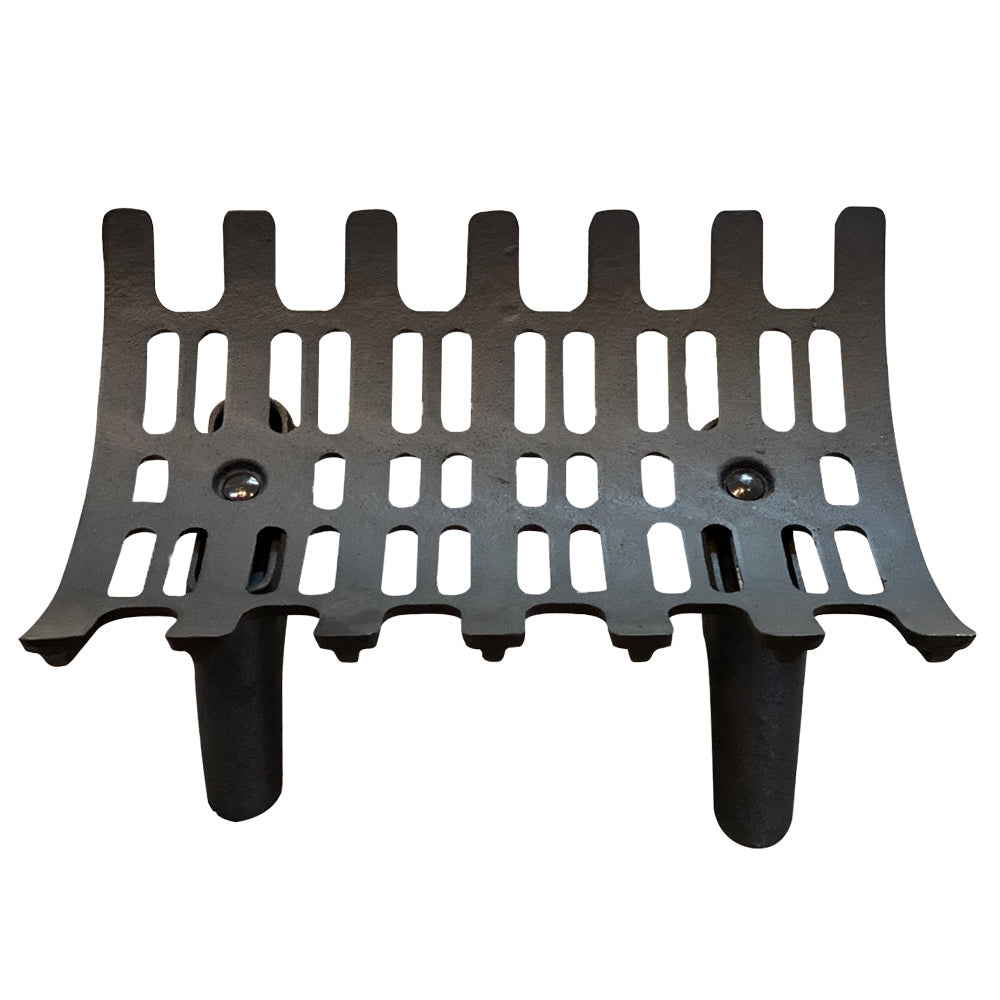 Cast iron self-feeding grate with vent slots and two mounting holes, dark finish