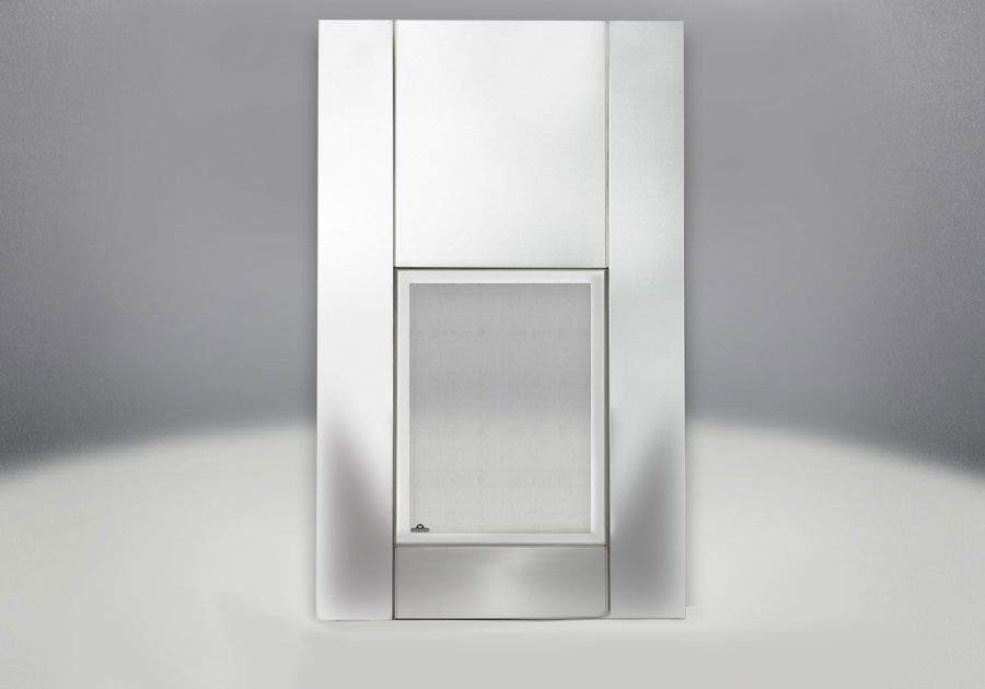 Decorative fireplace facing kit with rectangular frame and inset panel, light gray