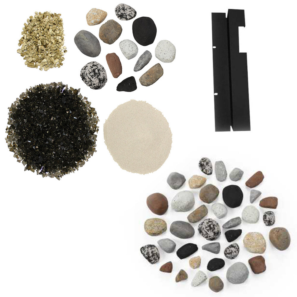 Fire media kit enhancement with mixed stones, gravel, and two black support panels