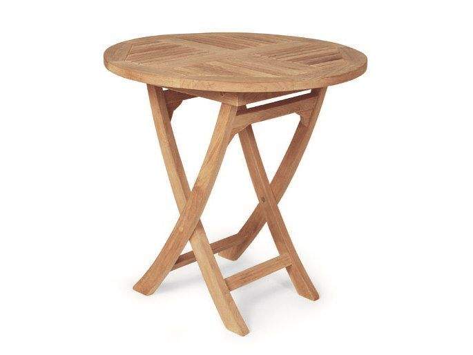 Round teak folding table with round tabletop and X-shaped cross legs