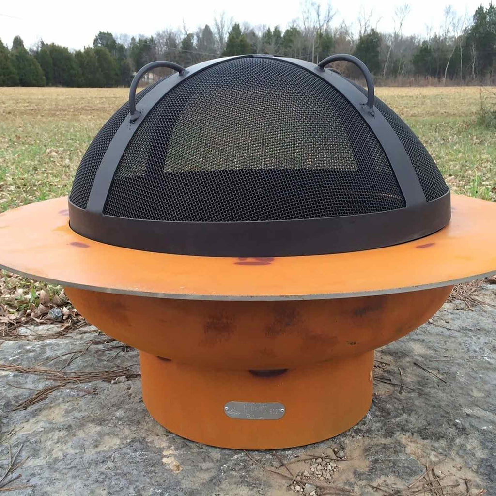 Fire pit spark guard with black mesh dome and gray support bars, round screen