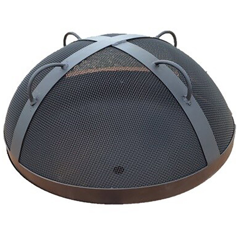 Fire pit spark guard dome with black perforated mesh and gray metal frame, round